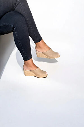 Kadın Espadril Terlik – Keten Kumaş, Dolgu Topuk, Yazlık