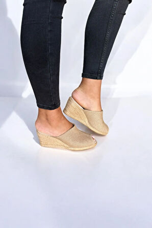 Kadın Espadril Terlik – Keten Kumaş, Dolgu Topuk, Yazlık
