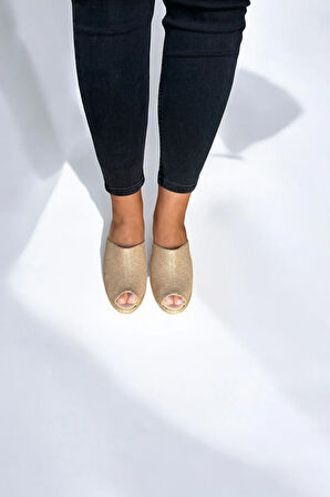 Kadın Espadril Terlik – Keten Kumaş, Dolgu Topuk, Yazlık