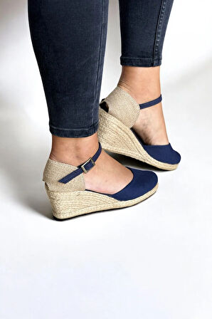 Kadın Dolgu Topuk Keten Sandalet – Hasır Detaylı, Arkası Açık Yazlık Model