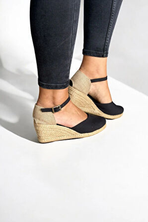 Kadın Dolgu Topuk Keten Sandalet – Hasır Detaylı, Arkası Açık Yazlık Model