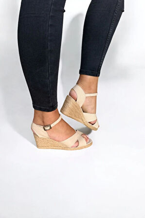 Kadın Yazlık Çapraz Keten Sandalet – Dolgu Topuk Espadril Tasarım