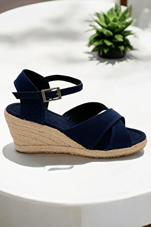 Kadın Yazlık Çapraz Keten Sandalet – Dolgu Topuk Espadril Tasarım