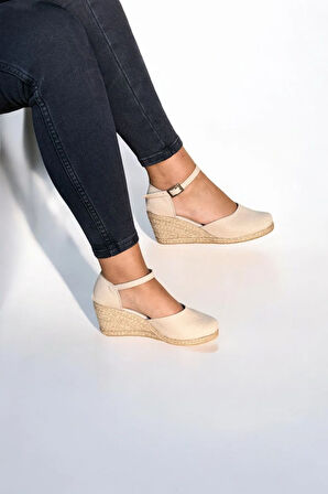 Kadın Espadril Sandalet – Keten Kumaş, Dolgu Topuk, Açık Topuk