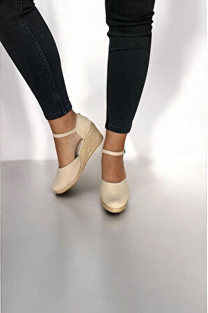 Kadın Espadril Sandalet – Keten Kumaş, Dolgu Topuk, Açık Topuk