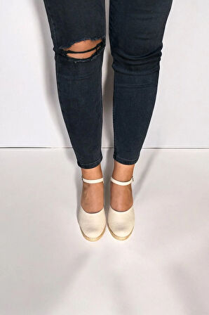 Kadın Espadril Sandalet – Keten Kumaş, Dolgu Topuk, Açık Topuk