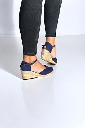 Kadın Espadril Sandalet – Keten Kumaş, Dolgu Topuk, Açık Topuk