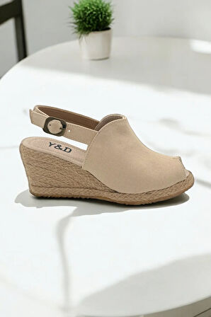 Kadın Dolgu Topuk Espadril Sandalet – Burnu Açık Keten Yazlık Model