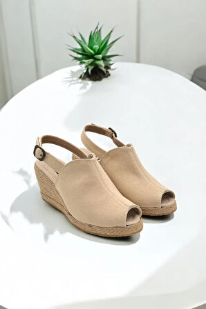 Kadın Dolgu Topuk Espadril Sandalet – Burnu Açık Keten Yazlık Model