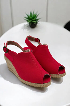 Kadın Dolgu Topuk Espadril Sandalet – Burnu Açık Keten Yazlık Model