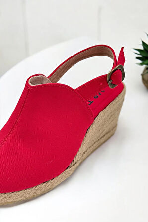 Kadın Dolgu Topuk Espadril Sandalet – Burnu Açık Keten Yazlık Model