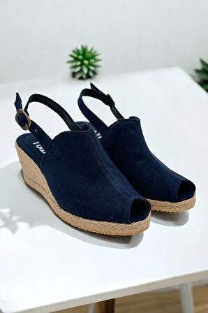 Kadın Dolgu Topuk Espadril Sandalet – Burnu Açık Keten Yazlık Model