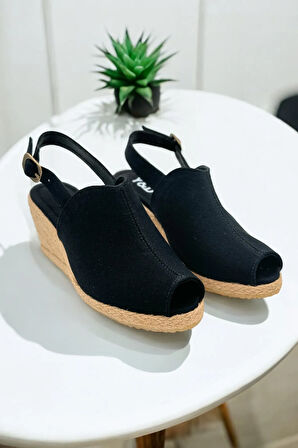 Kadın Dolgu Topuk Espadril Sandalet – Burnu Açık Keten Yazlık Model