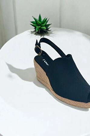 Kadın Dolgu Topuk Espadril Sandalet – Burnu Açık Keten Yazlık Model