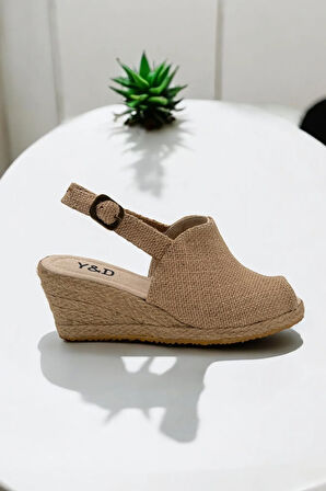 Kadın Dolgu Topuk Espadril Sandalet – Burnu Açık Keten Yazlık Model