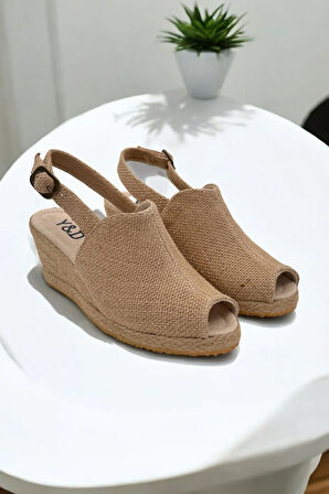 Kadın Dolgu Topuk Espadril Sandalet – Burnu Açık Keten Yazlık Model