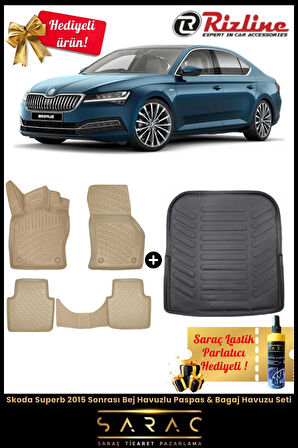 Skoda Superb 2015 Sonrası Bej Havuzlu Paspas & Bagaj Havuzu Seti (HEDİYELİ)