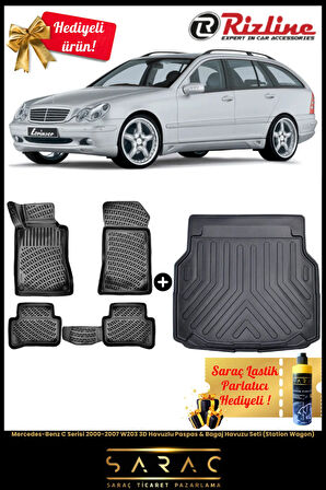 Mercedes-Benz C Serisi 2000-2007 W203 3D Havuzlu Paspas & Bagaj Havuzu Seti (Station Wagon)+HEDİYELİ
