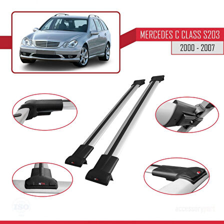 Mercedes C Class 2 (S203) 2000-2007 Arası ile Uyumlu FLY Model Ara Atkı Tavan Barı Gri 2 Adet