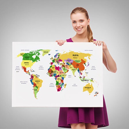 Harita Sepeti Türkçe Dünya Haritası Dekoratif Kanvas Tablo Ülke ve Başkentli 1512