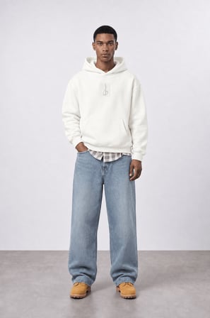 Erkek Horse Patch Detaylı Oversize Hoodie Ekru