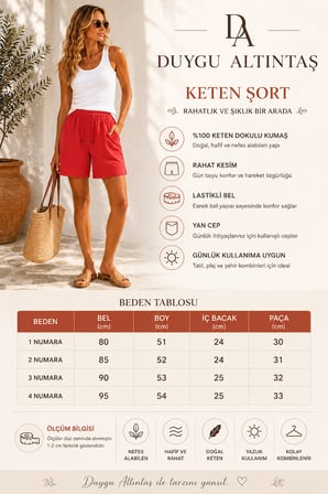 Duygu Altıntaş Kadın Keten Şort – Lastikli Bel, Cepli, Rahat Kesim, Yazlık Şık Model