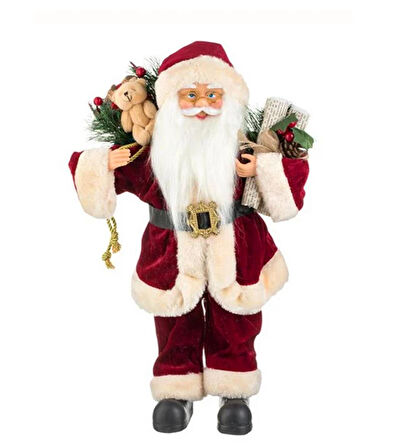 Yılbaşı Süsü Noel Baba Biblo Figür Büyük Boy 45cm - Peluş Ayılı Hediye Çuvalı ve Aksesuarları ile