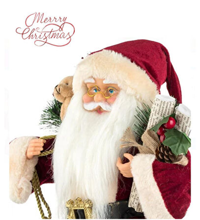 Yılbaşı Süsü Noel Baba Biblo Figür Büyük Boy 45cm - Peluş Ayılı Hediye Çuvalı ve Aksesuarları ile