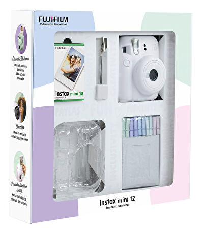 Fujifilm Instax Mini 12 Beyaz Fotoğraf Makinesi 10'lu Film Simli Pleksi Kılıf Mandal ve Kıskaçlı Res