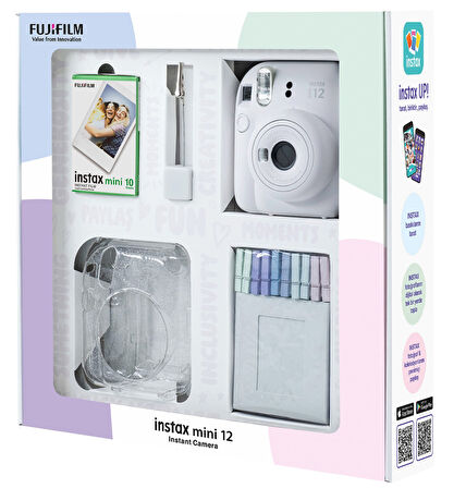 Fujifilm Instax Mini 12 Beyaz Fotoğraf Makinesi 10'lu Film Simli Pleksi Kılıf Mandal ve Kıskaçlı Res