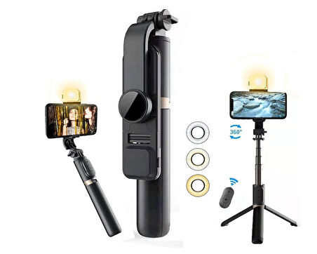 LED Selfie 360° Döndürülebilir Başlık 3 Farklı Renk Ve Dim Ayarlı Selfie Çubuğu Tripod -K8-