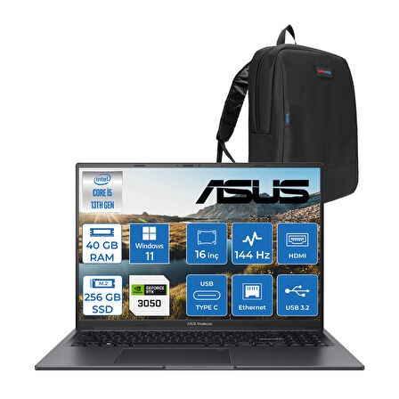 Asus Vivobook 16X K3605VC-RP461 Intel Core I5 13420H 40GB 256GB SSD RTX3050-4GB Windows 11 Pro 16" 144Hz Wuxga Taşınabilir Bilgisayar RP461P16 + Zetta Çanta