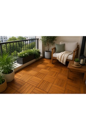 Solen Akasya Ahşap Yer Karosu 30x30x2,25 cm – 4 Dilimli Geçmeli Deck Karo | Balkon, Teras, Bahçe ve Duş Zemini | 9 Adet (0,81 m²)