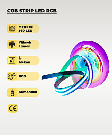 12V COB Şerit Led RGB  - Kumandalı - Metrede 360 Led - 5 Metre