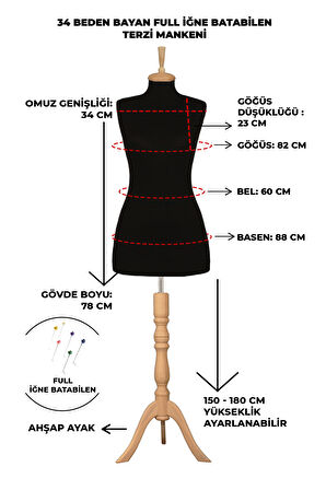 34 Beden İğne Batabilen Terzi Mankeni Prova Mankeni Sünger Manken