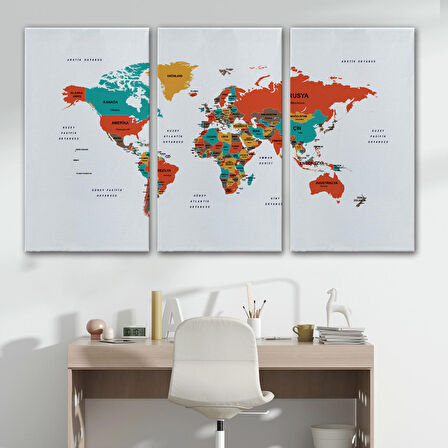 Harita Sepeti Türkçe Dünya Haritası Dekoratif Kanvas Tablo Ülke ve Başkentli 1516