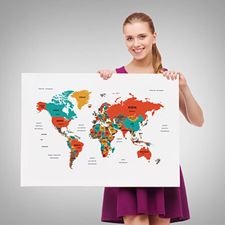 Harita Sepeti Türkçe Dünya Haritası Dekoratif Kanvas Tablo Ülke ve Başkentli 1516