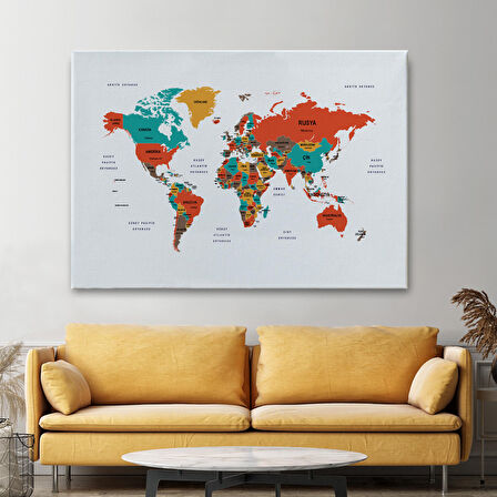 Harita Sepeti Türkçe Dünya Haritası Dekoratif Kanvas Tablo Ülke ve Başkentli 1516