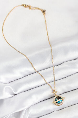 316L Çelik Zirkon Taşlı Gezegen Model Gold Renk Kadın Kolye