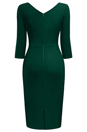 Kadın Büyük Beden Yeşil Truvakar Kol Kalp Kalp Yaka Etek Drapeli Midi Elbise