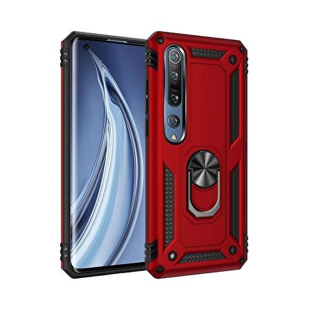 Smcase Xiaomi Mi 10 Pro Kılıf Vega Yüzüklü Tank Kapak Kırmızı  Tam Kapatan Cam