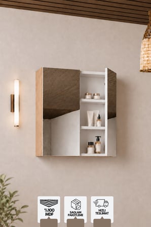 Milano 60 Cm, Banyo Dolabı, Üst Modül, Aynalı Dolap, Atlantis Meşe