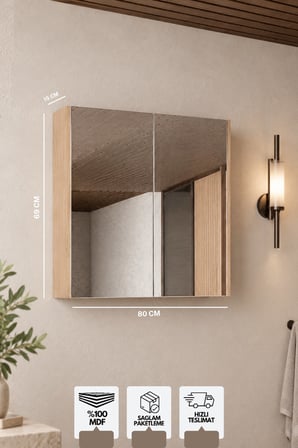 Milano 80 Cm, Banyo Dolabı, Üst Modül, Aynalı Dolap, Atlantis Meşe 