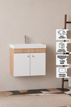 Milano 60  Cm, Lavabolu Alt Banyo Dolabı, Kapaklı Banyo Dolabı, Seramik Lavabo Dahil, Mdf