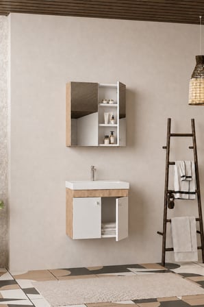Milano 60 Cm, Lavabolu Banyo Dolabı Seti, Lavabo Dahil, Ayna Dahil, Sonomo Meşe, Mdf