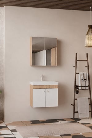 Milano 60 Cm, Lavabolu Banyo Dolabı Seti, Lavabo Dahil, Ayna Dahil, Sonomo Meşe, Mdf