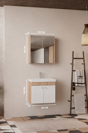 Milano 60 Cm, Lavabolu Banyo Dolabı Seti, Lavabo Dahil, Ayna Dahil, Sonomo Meşe, Mdf