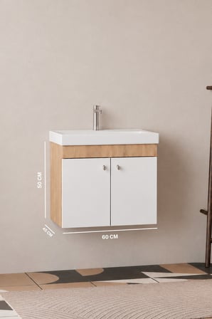 Milano 60  Cm, Lavabolu Alt Banyo Dolabı, Kapaklı Banyo Dolabı, Seramik Lavabo Dahil, Mdf