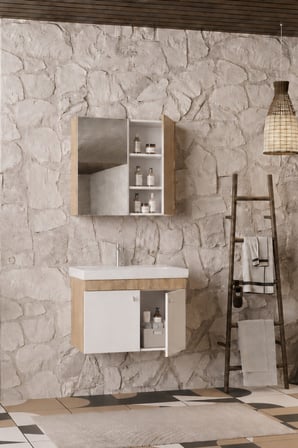Milano 80 Cm, Lavabolu Banyo Dolabı Seti, Lavabo Dahil, Ayna Dahil, Sonomo Meşe, Mdf