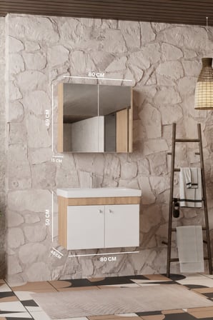 Milano 80 Cm, Lavabolu Banyo Dolabı Seti, Lavabo Dahil, Ayna Dahil, Sonomo Meşe, Mdf